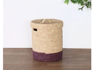 Natural And Black Hand Coiled Basket With Lid