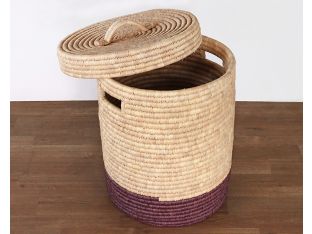 Natural And Black Hand Coiled Basket With Lid