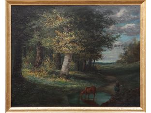 French Impressionist Oil Painting of Cow Grazing 30W x 25H - Cleared Art
