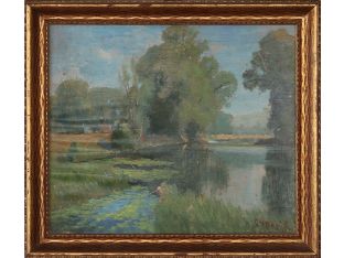Early 1900s Landscape Oil Painting Summer Scene 18W x 16H - Cleared Art
