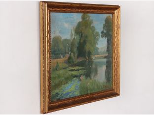 Early 1900s Landscape Oil Painting Summer Scene 18W x 16H - Cleared Art
