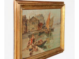 Antique Italian Impressionist Coastal Scene 33W x 24H - Cleared Art