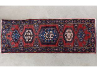 3'8" x 10'2" Red and Blue Azerbaijani Persian Runner Circa 1965