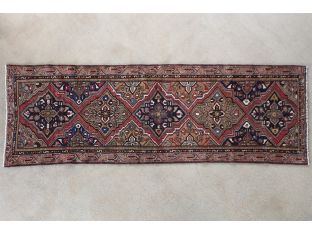 3'2" x 9'4" Salmon, Rose and Blue Hamadan Persian Runner Circa 1965