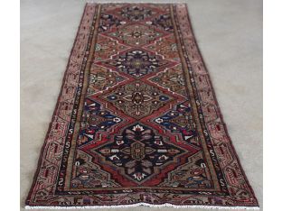 3'2" x 9'4" Salmon, Rose and Blue Hamadan Persian Runner Circa 1965