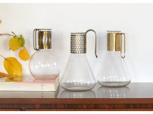 Set of 3 Mid-Century Pyrex Glass and Brass Decanters, Vintage 1950's