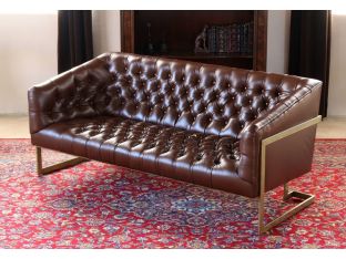 Tufted Leather Apartment Sofa with Antiqued Brass Frame