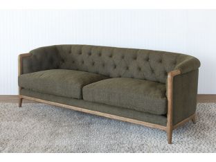 Olive & Exposed Wood Tufted Sofa