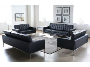 Black Leather Button Tufted Florence Knoll Style Sofa