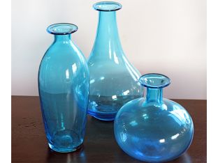Set Of 3 Blue Glass Vases